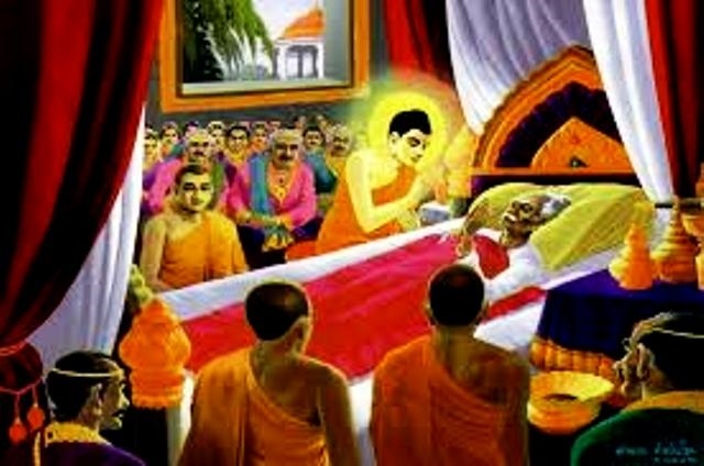 Đức Phật giảng giải cho vua cha Suddhodana về sự vô thường và vô ngã. Nhờ đó, đức vua đã chứng đắc Thánh quả A la hán