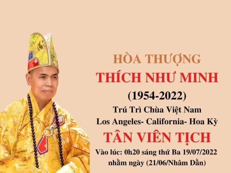 Hoa Kỳ: Hòa Thượng Thích Như Minh, Trụ Trì Chùa Việt Nam, Los Angeles, California viên tịch