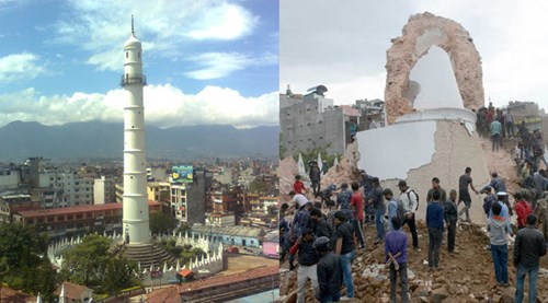 Tháp Dharahara trước và sau động đất ngày 25.4	ẢNH: mirror.co.uk