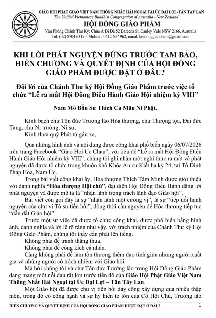 Đôi lời của Chánh Thư ký Hội Đồng Giáo Phẩm trước việc tổ chức “Lễ ra mắt Hội Đồng Điều Hành Giáo Hội nhiệm kỳ VIII”-1