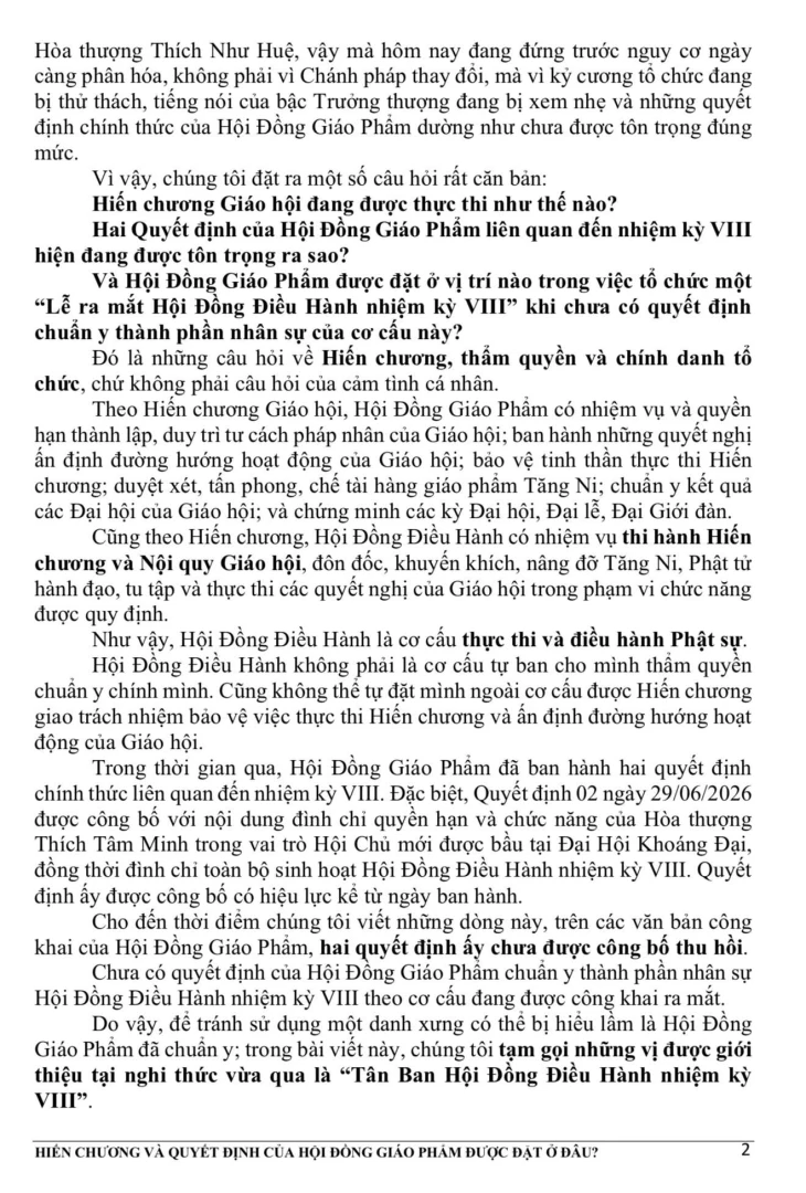 Đôi lời của Chánh Thư ký Hội Đồng Giáo Phẩm trước việc tổ chức “Lễ ra mắt Hội Đồng Điều Hành Giáo Hội nhiệm kỳ VIII”-2