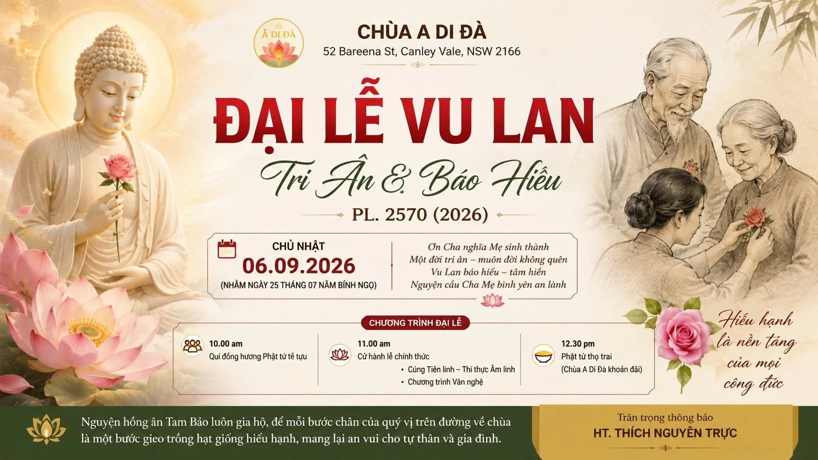 THÔNG BÁO ĐẠI LỄ VU LAN CHÙA A DI ĐÀ PL.2570 (Chủ nhật 06.09.2026)